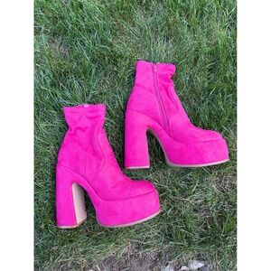 Steve Madden Boots 7.5 Suede Hot Pink Chunky Platform Heel Ankle Zip Fuchsia Y2K